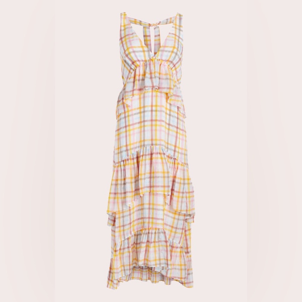 Cinq à Sept “Astor” Poplin Tiered Midi Dress – Size 6 NWT Plaid Back‑Tie